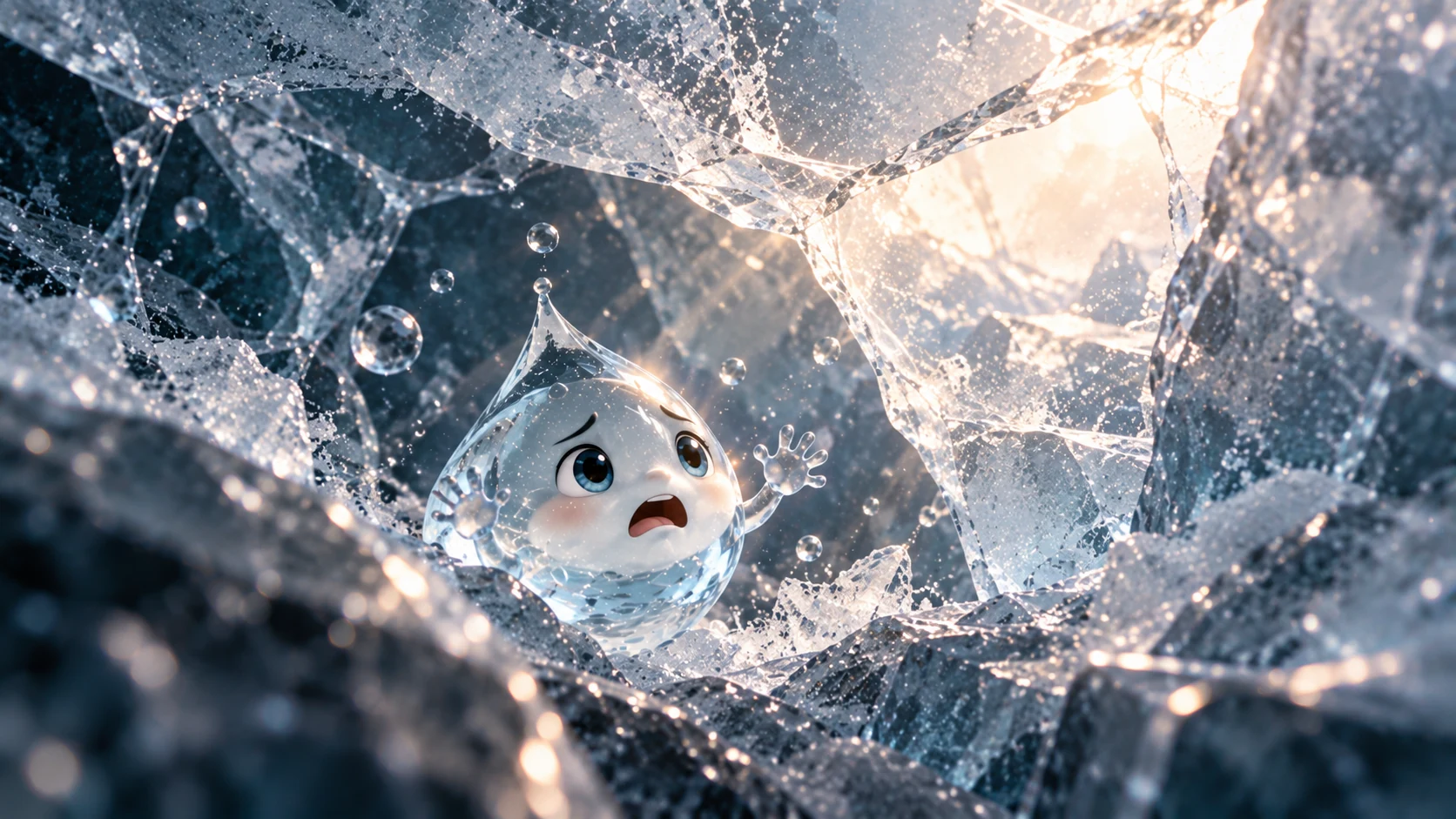 An expressive little water droplet looks toward light from a cracked ice cave